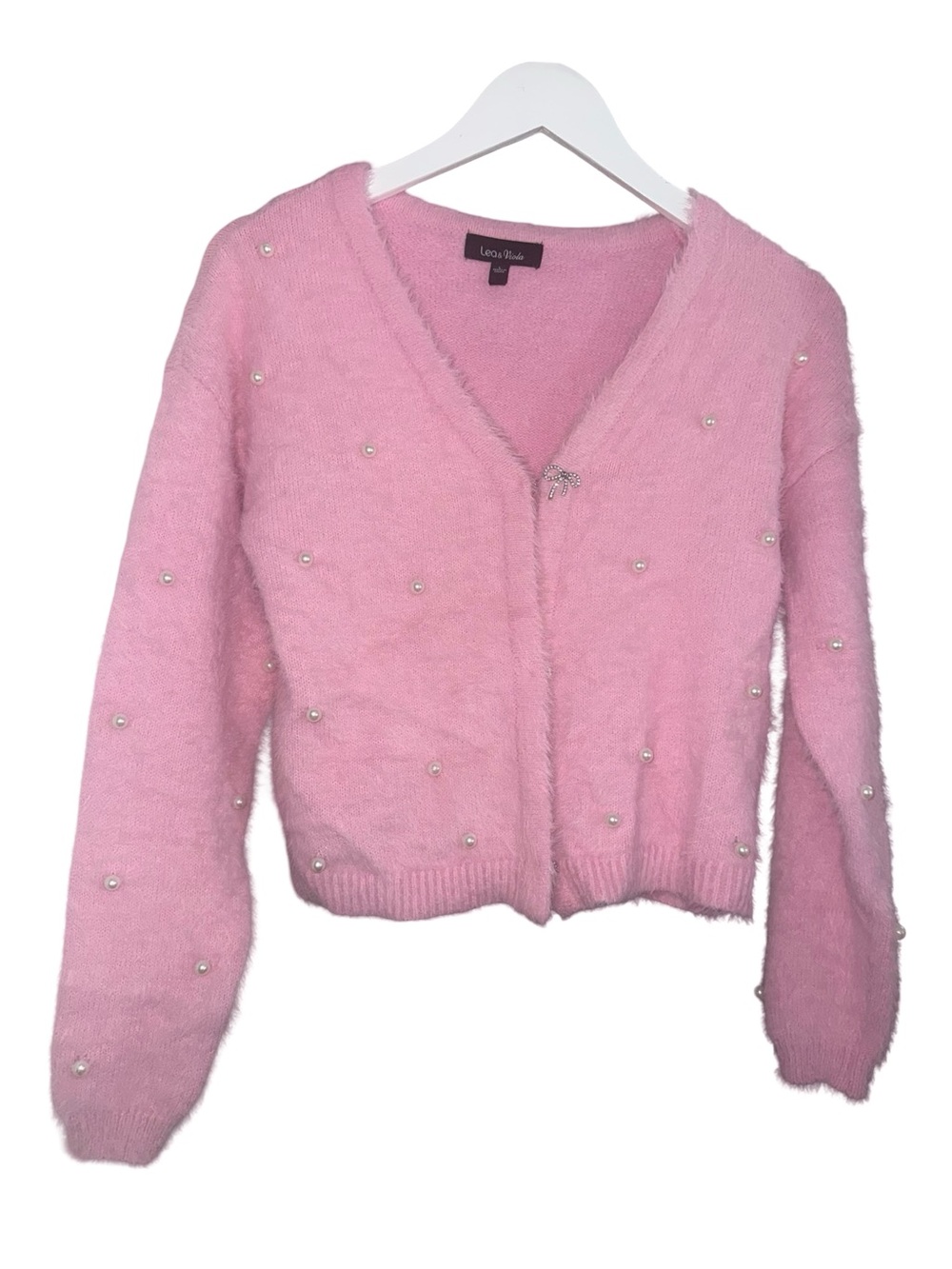 Lea & Viola Soft Pink Pearl-Embellished V-Neck Cardigan
